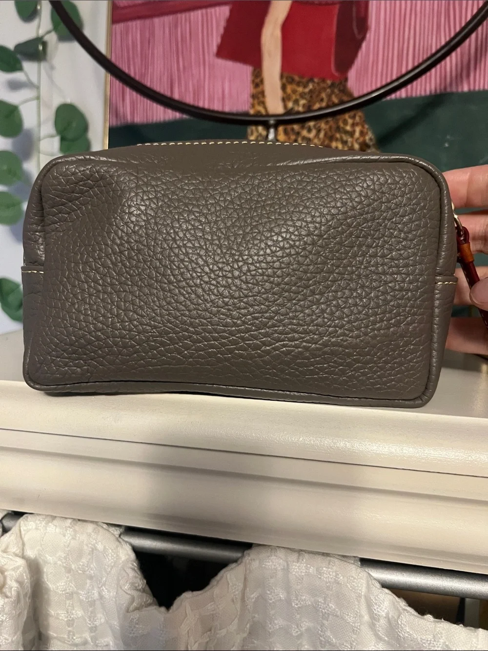 Dooney & Bourke Gray Pebbled Leather Cosmetic Pouch with Brown Logo Patch